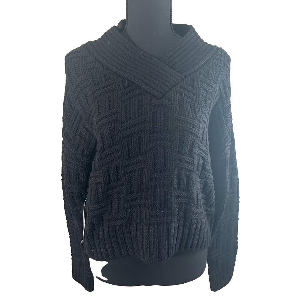 Callahan Women’s Black V-Neck Sweater w/Criss-Cross Pattern, Size XS